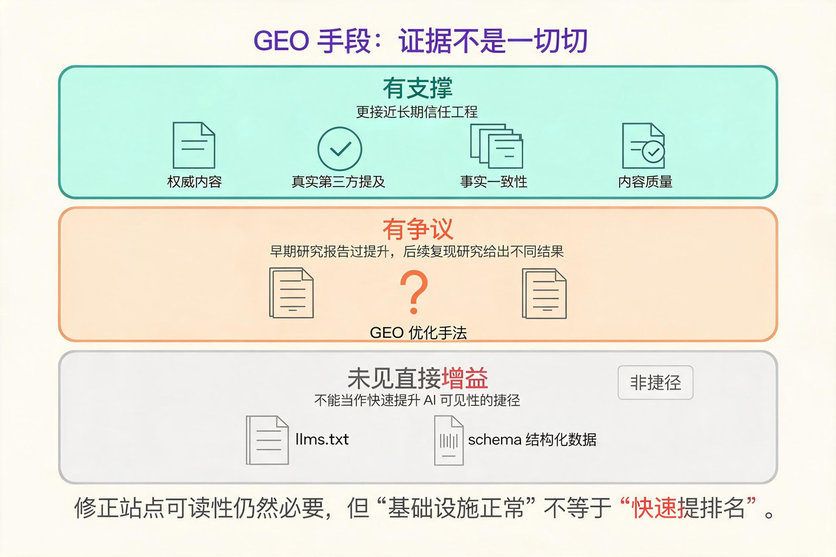 GEO 手段的证据分层:有支撑、有争议、未见直接增益
